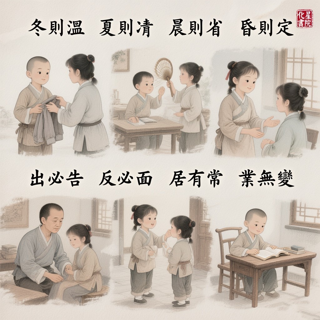 冬則溫　夏則凊　晨則省　昏則定
出必告　反必面　居有常　業無變