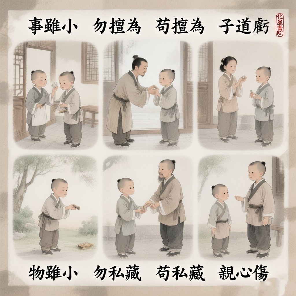 事雖小　勿擅為　苟擅為　子道虧
物雖小　勿私藏　苟私藏　親心傷