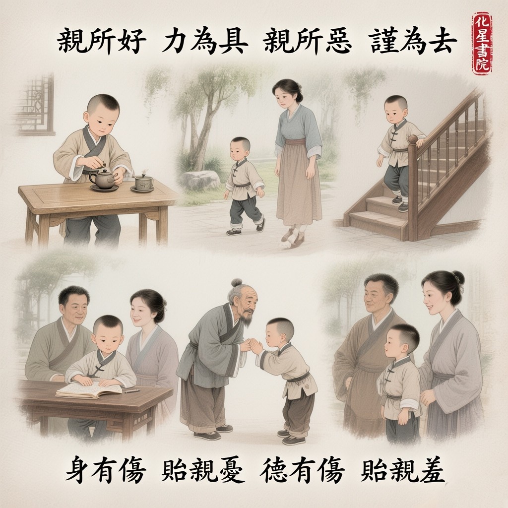 親所好　力為具　親所惡　謹為去
身有傷　貽親憂　德有傷　貽親羞