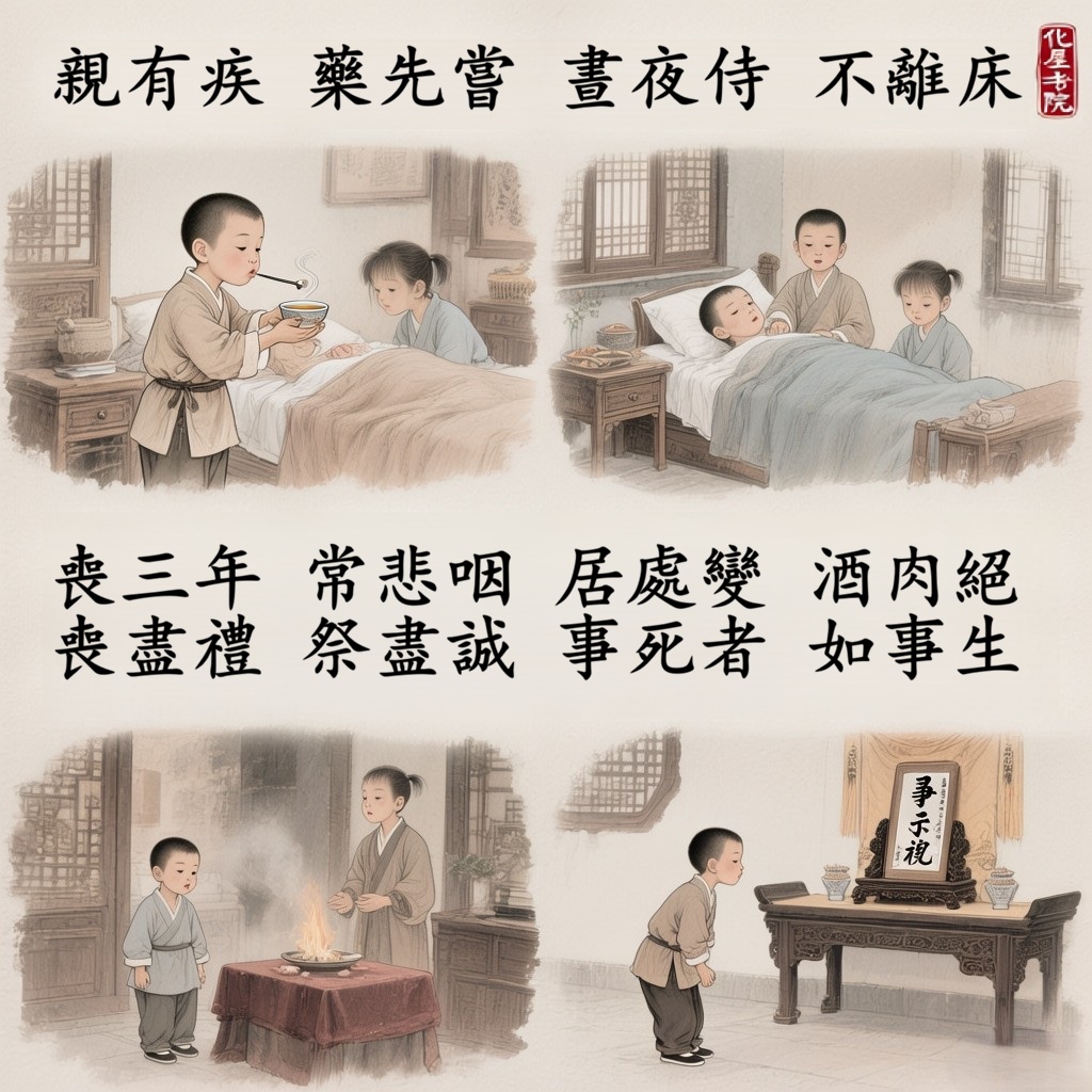 親有疾　藥先嘗　晝夜侍　不離床
喪三年　常悲咽　居處變　酒肉絕
喪盡禮　祭盡誠　事死者　如事生