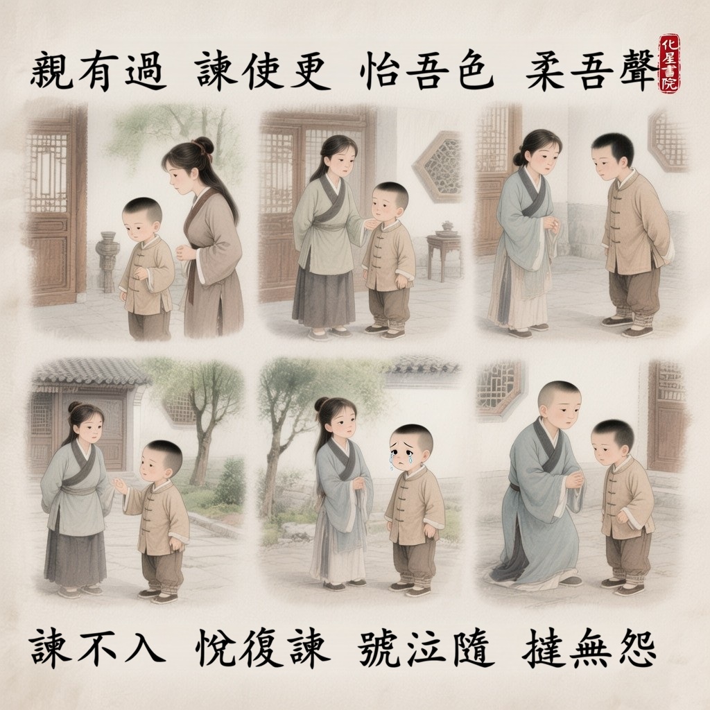 親有過　諫使更　怡吾色　柔吾聲 諫不入　悅復諫　號泣隨　撻無怨