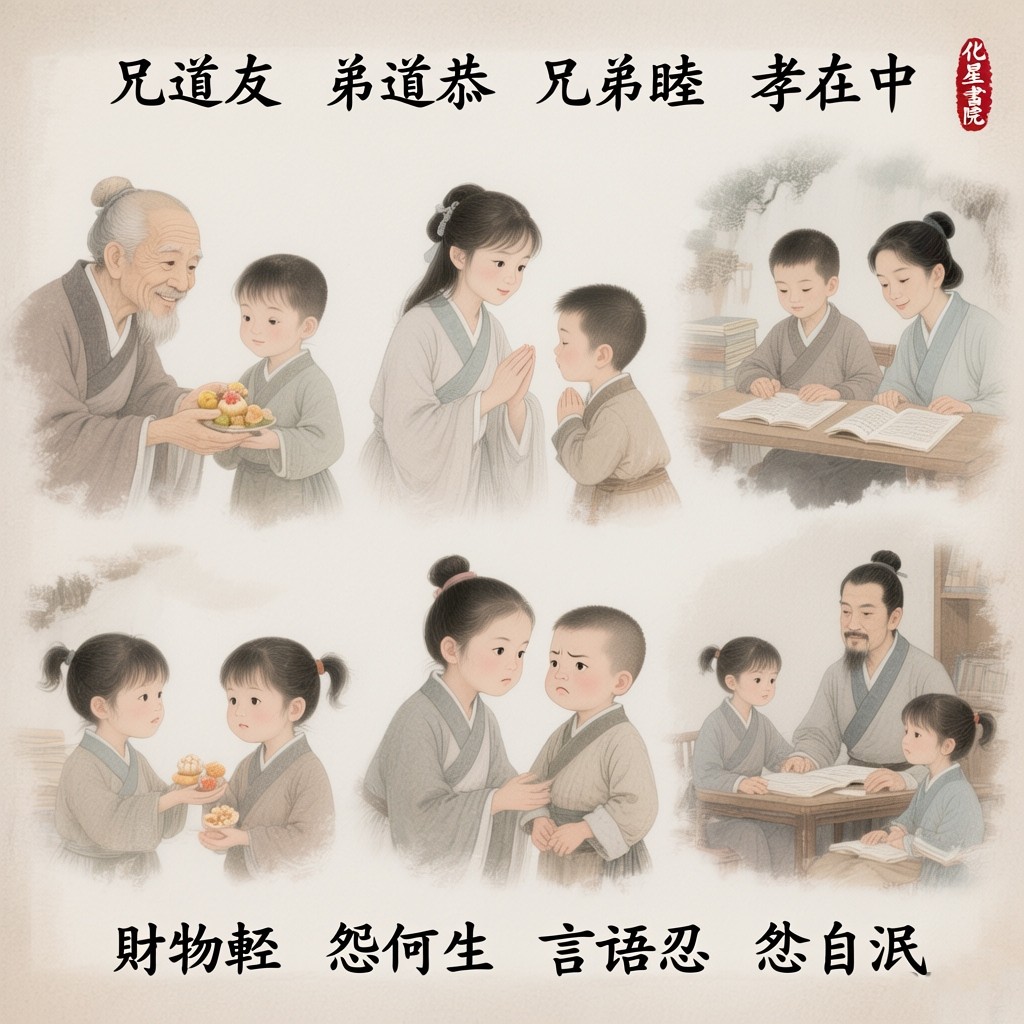 兄道友　弟道恭　兄弟睦　孝在中
財物輕　怨何生　言語忍　忿自泯