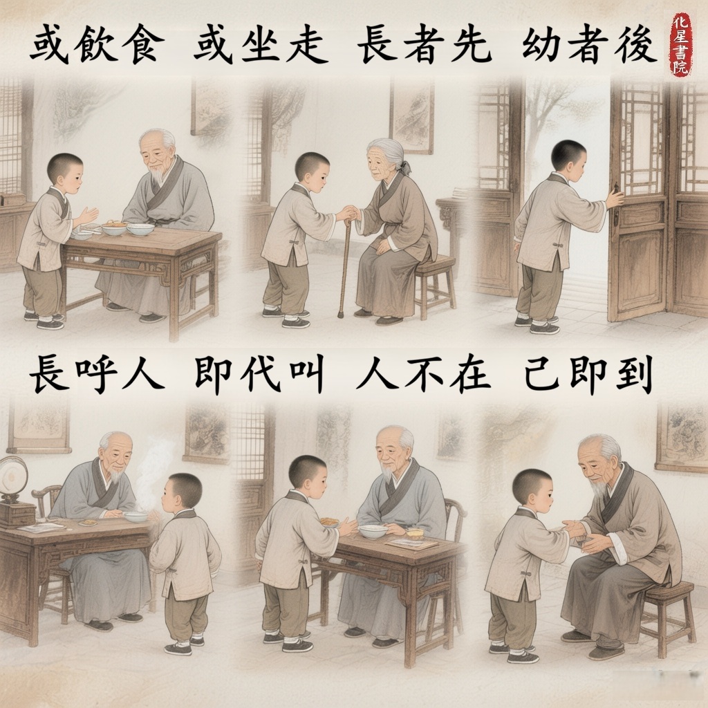 或飲食　或坐走　長者先　幼者後
長呼人　即代叫　人不在　己先到