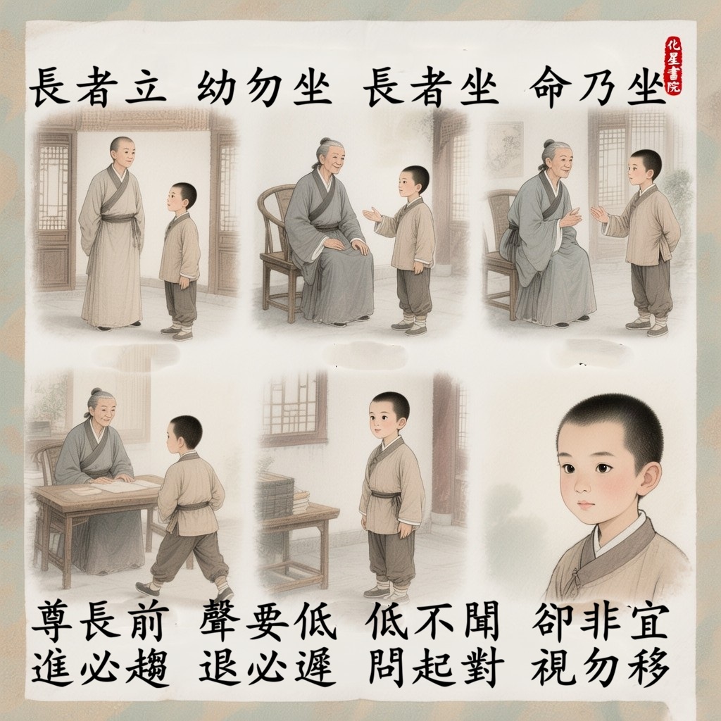 長者立　幼勿坐　長者坐　命乃坐
尊長前　聲要低　低不聞　卻非宜
進必趨　退必遲　問起對　視勿移