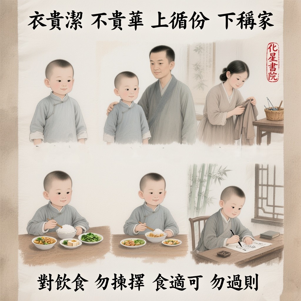 衣貴潔　不貴華　上循份　下稱家
對飲食　勿揀擇　食適可　勿過則