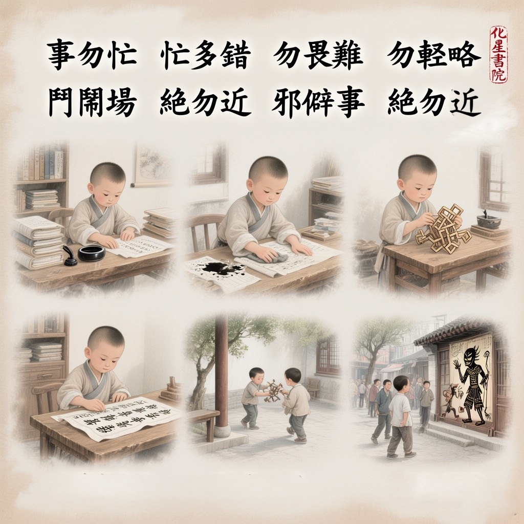 事勿忙　忙多錯　勿畏難　勿輕略
鬥鬧場　絕勿近　邪僻事　絕勿近