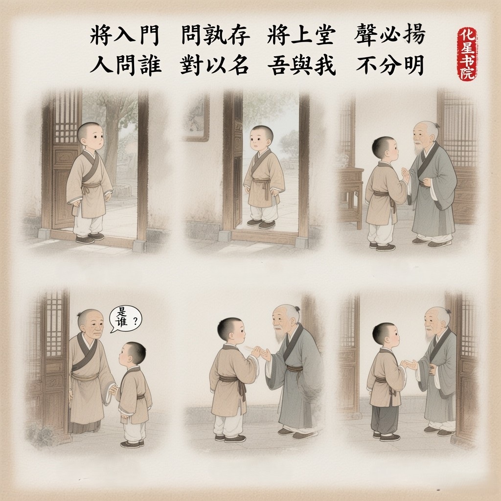 將入門　問孰存　將上堂　聲必揚
人問誰　對以名　吾與我　不分明