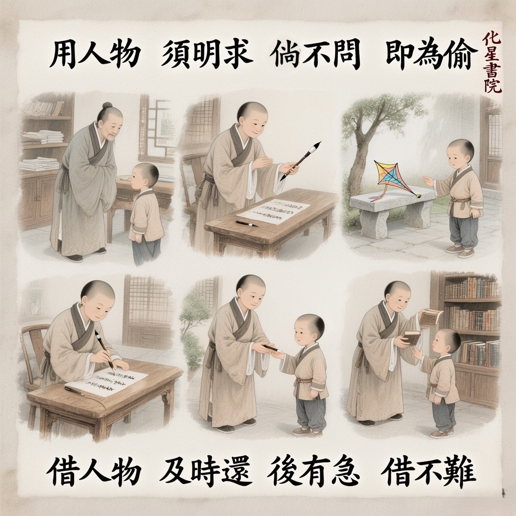 用人物　須明求　倘不問　即為偷
借人物　及時還　後有急　借不難