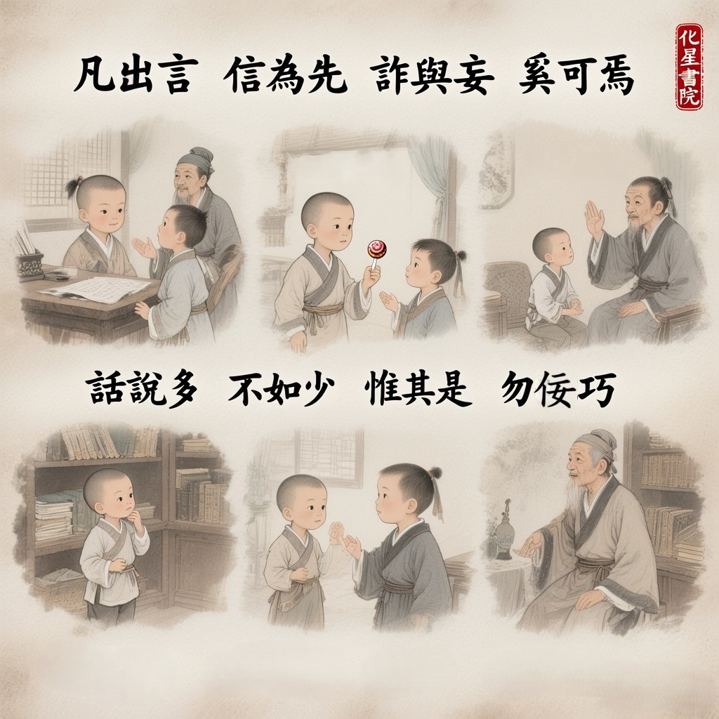 凡出言　信為先　詐與妄　奚可焉
話說多　不如少　惟其是　勿佞巧