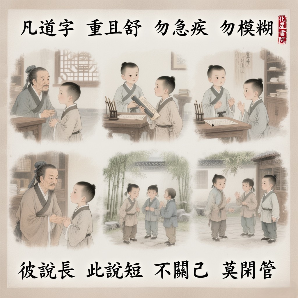 凡道字　重且舒　勿急疾　勿模糊
彼說長　此說短　不關己　莫閒管