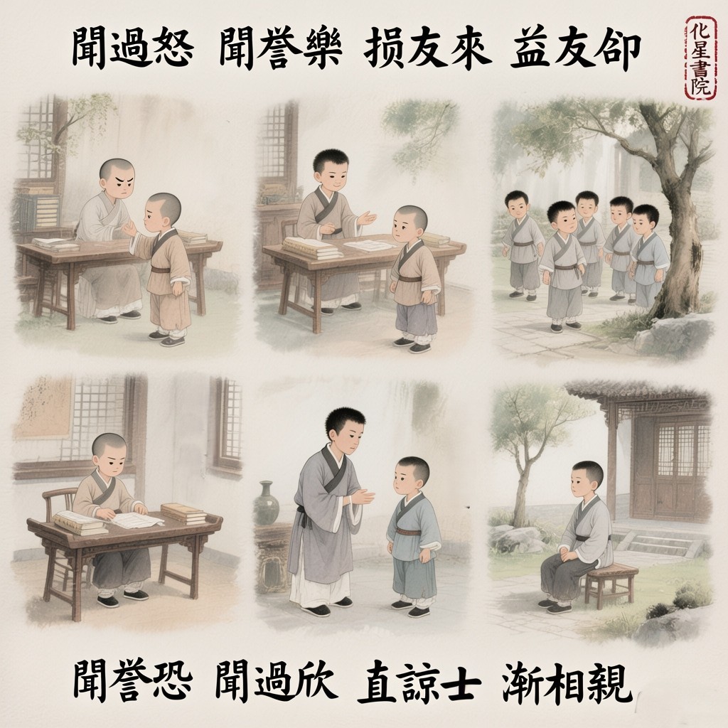 聞過怒　聞譽樂　損友來　益友卻
聞譽恐　聞過欣　直諒士　漸相親