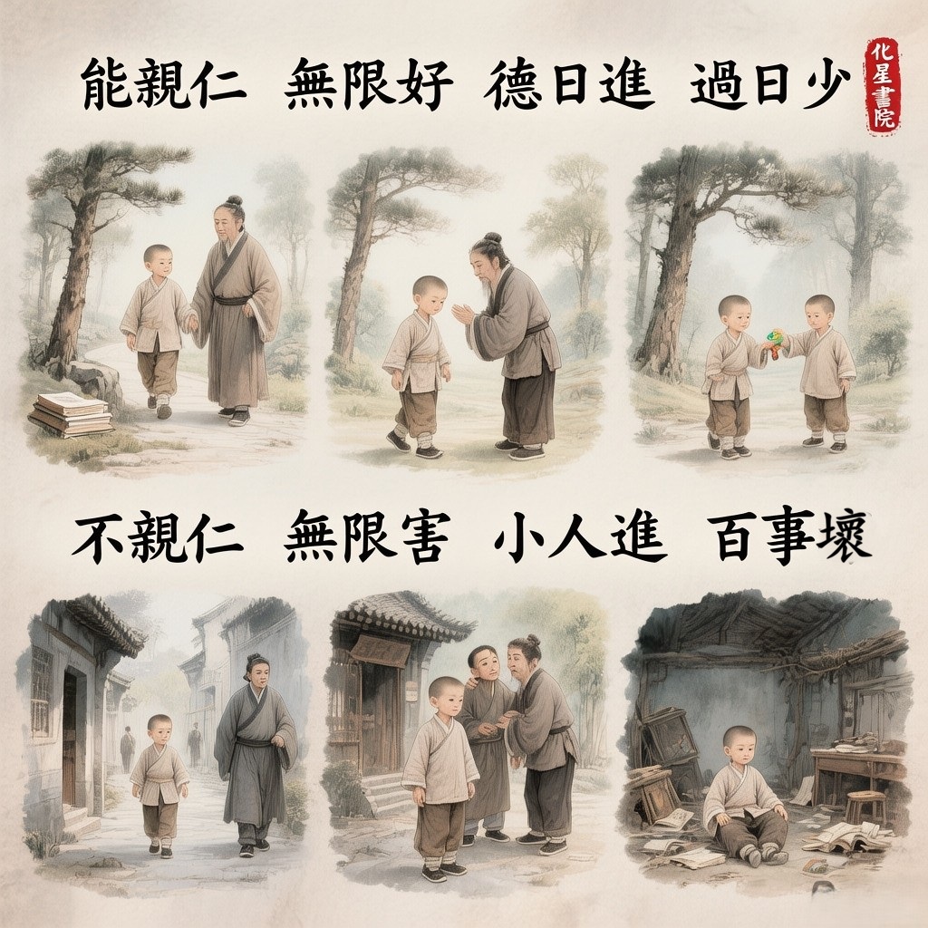 能親仁　無限好　德日進　過日少
不親仁　無限害　小人進　百事壞