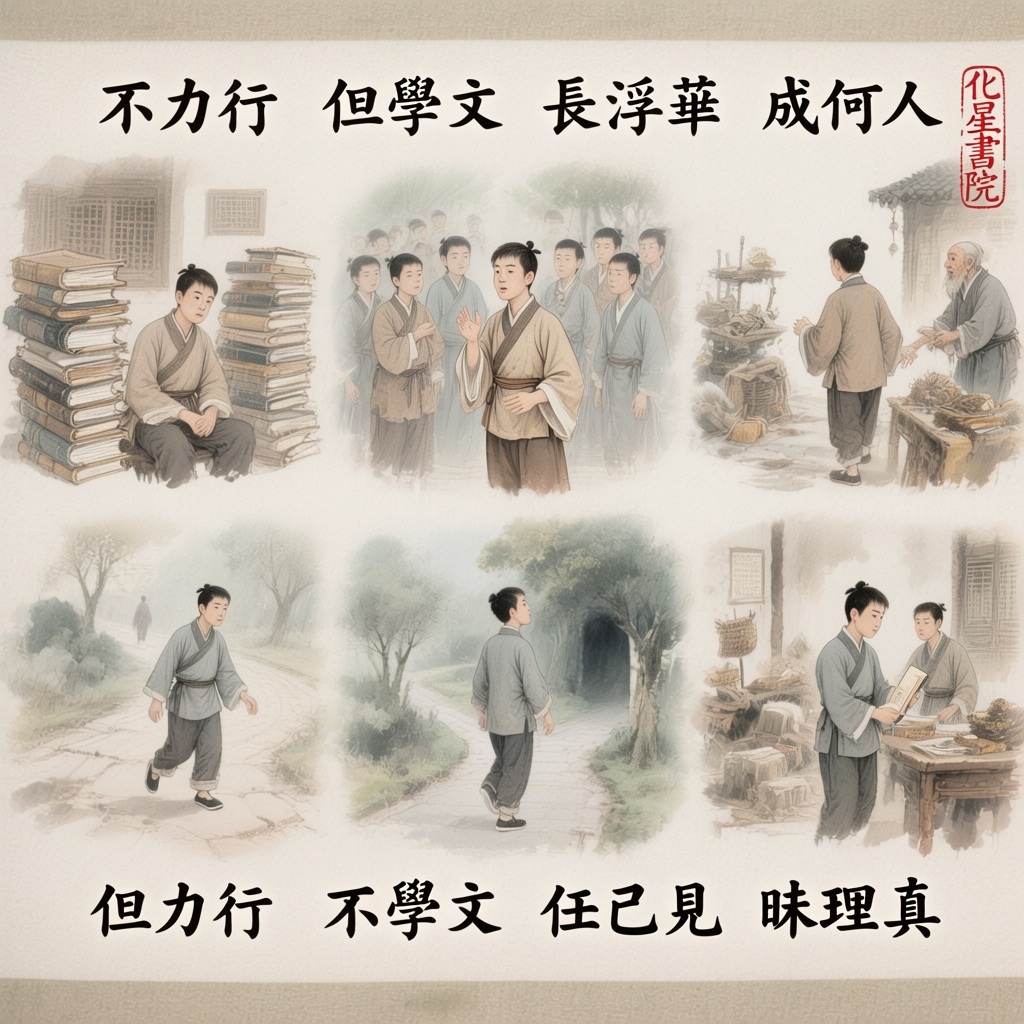 不力行　但學文　長浮華　成何人
但力行　不學文　任己見　昧理真