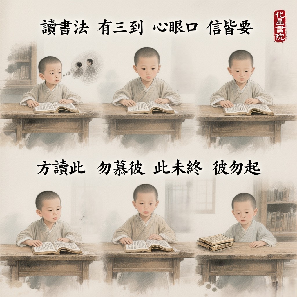 讀書法　有三到　心眼口　信皆要
方讀此　勿慕彼　此未終　彼勿起