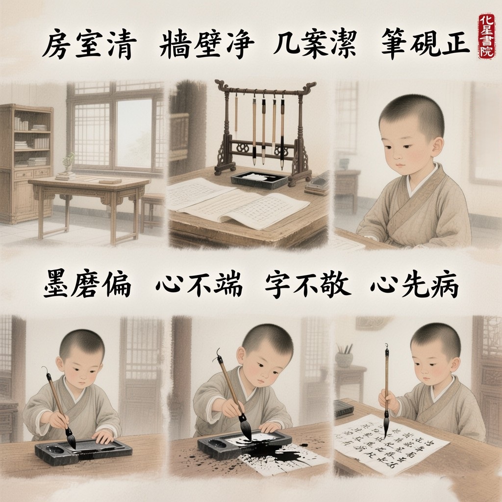 房室清　牆壁淨　几案潔　筆硯正
墨磨偏　心不端　字不敬　心先病