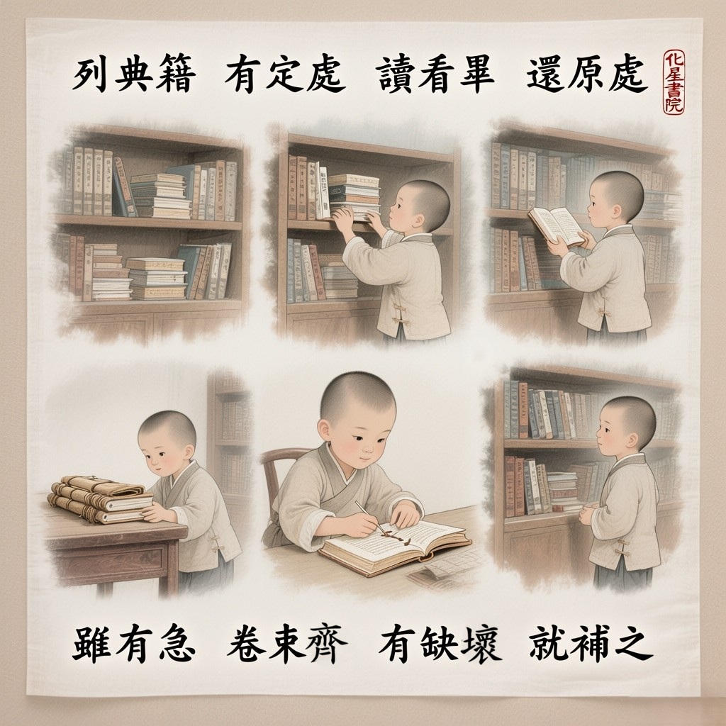 列典籍　有定處　讀看畢　還原處
雖有急　卷束齊　有缺壞　就補之