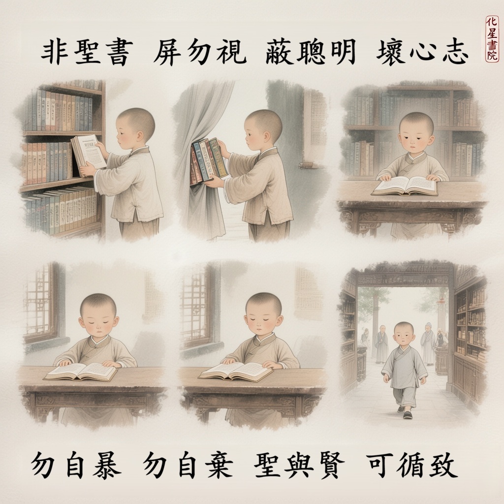 非聖書　屏勿視　蔽聰明　壞心志
勿自暴　勿自棄　聖與賢　可馴致